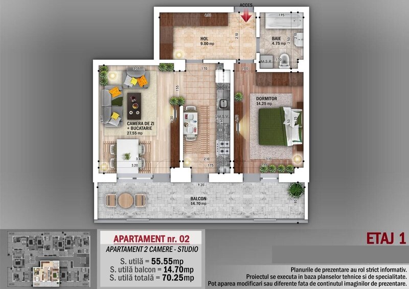 Titan ap. 2 camere mare cu balcon generos, 70mp totali